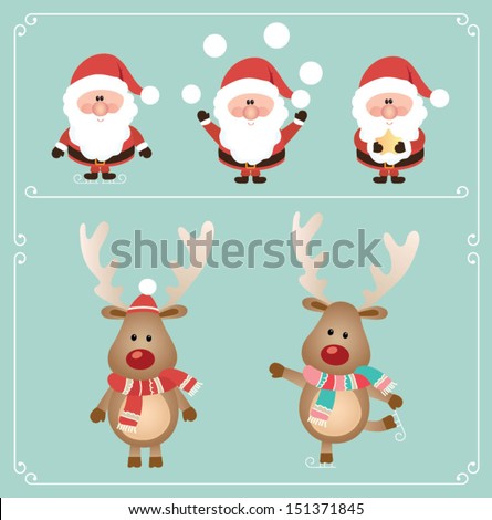 Set of cute santa claus and rudolph reindeer. Vector illustration