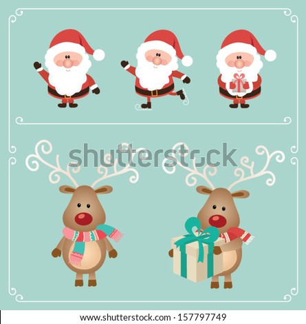 Set of cute santa claus and Christmas deer. Vector illustration