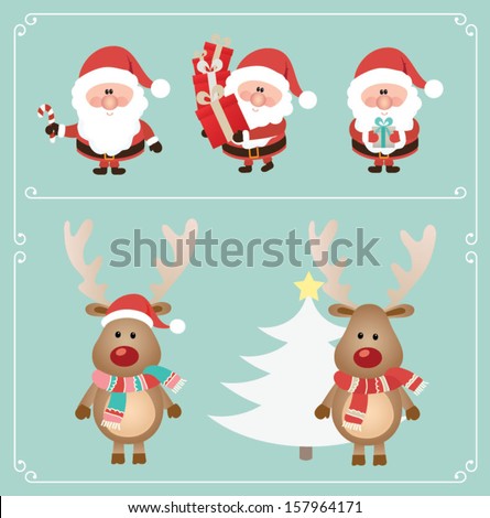 Set of cute santa claus and Christmas deer. Vector illustration