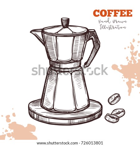 Italian Moka Coffee Maker Handdrawn Sketch Isolated Illustration Engraving Line Style Pot With Italian Moka Coffee Maker Handdrawn Sketch Isolated Illustration Engraving Line Style Pot With