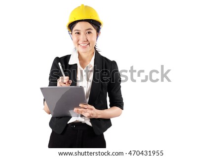 Young woman engineer holding digital tablet wtih smile isolated on white background