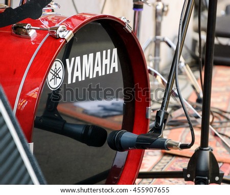 PARIS, FRANCE - JUNE 21, 2014: Yamaha drums at outdoor free concert during celebration of World Music Day in Latin Quarter in Paris. This festival encourages musicians to perform in the streets.