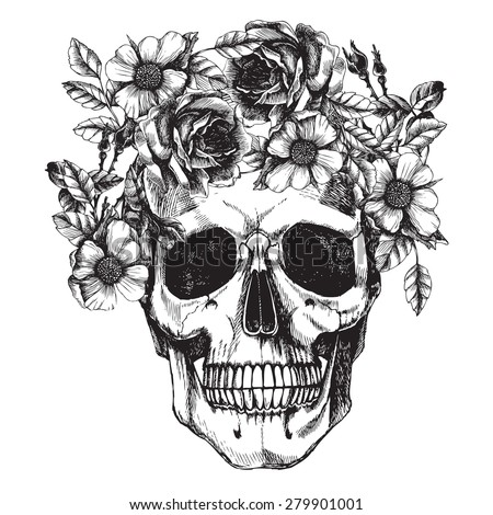 Human skull and flower wreath. Los muertos. Vector illustration ...