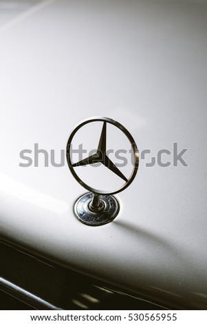 BANGKOK, THAILAND - NOVEMBER 21, 2016 : Old Mercedes Benz logo on E-class 124 models, manufactured from 1984-1995. The W124 models replaced the W123 models after 1984