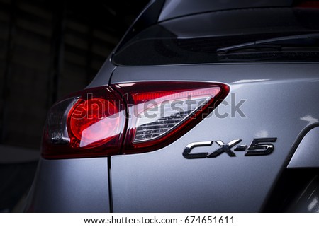 BANGKOK, THAILAND – JULY, 5 2017: Closeup of CX-5 logo on Mazda CX-5 2016 model