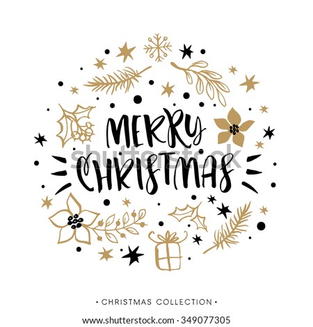 Merry Christmas. Winter Holiday greeting card with calligraphy. Hand drawn design elements. Handwritten modern lettering.