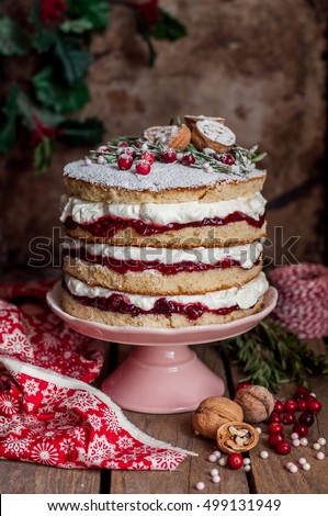 Christmas Layered Cake with Raspberry Jam and Whipped Cream, Victoria Sponge, vintage effect, copy space