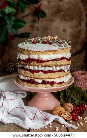 Christmas Layered Cake with Raspberry Jam and Whipped Cream, Victoria Sponge, vintage effect, copy space