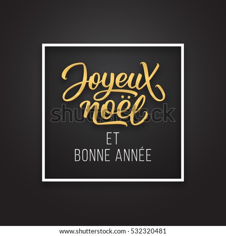 Joyeux Noel et Bonne Annee greetings on french in frame on luxury black and golden color background. Premium vector illustration with typographic text for Merry Christmas card design.
