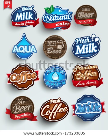 Set of stickers of drinks milk, beer, water, coffee. Vector/
