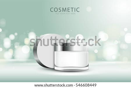 cosmetic product poster, green bottle package design with moisturizer cream or liquid, sparkling background with glitter polka, vector design.