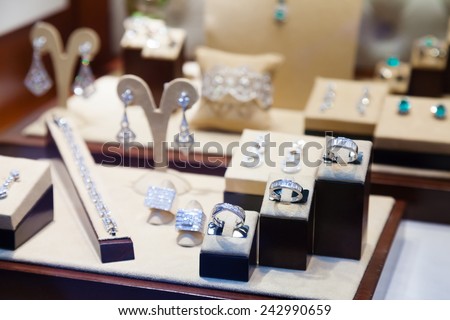 silver jewelry at showcase of store