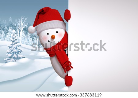 funny snowman blank banner, winter landscape, nature background, snowy forest