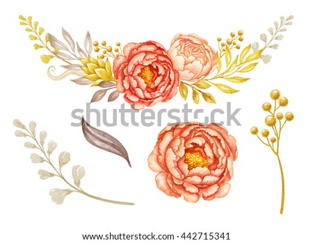 floral garland, design elements, coral and peach peony flowers and gold leaves, watercolor illustration, isolated on white background