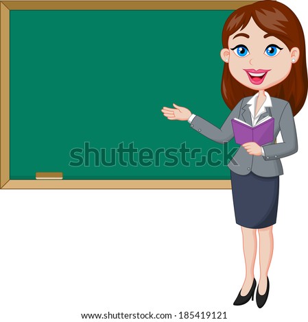 stock vector cartoon female teacher standing next to a blackboard 185419121