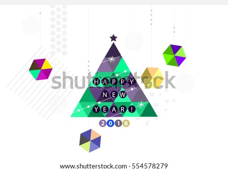 Merry christmas and happy new year green and violet xmas pine tree in geometric style, holiday decoration card design. EPS10 vector. Happy New Year 2018 !!!