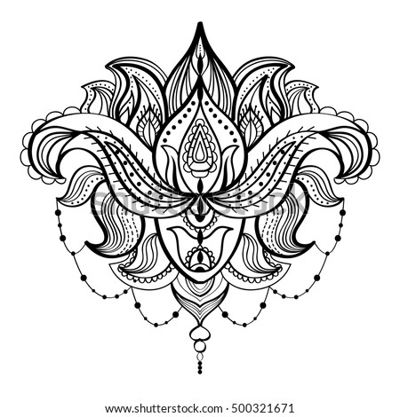 Black And White Drawing Of A Lotus Flower Adult Coloring Book Vintage Bohemian Style