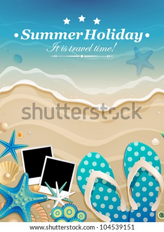 Summer background with shells and pictures on sand. Vector illustration.