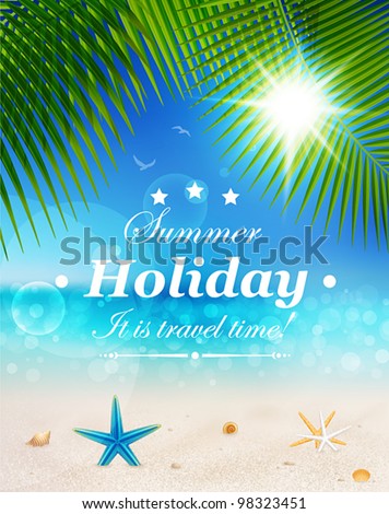 Beautiful seaside view on sunny day with sand, shells and palm leaves. Summer holidays vector background.