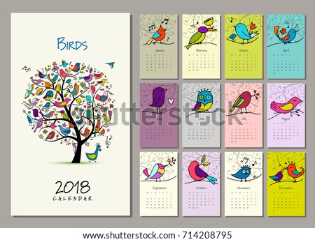 Birds tree, calendar 2018 design Vector illustration