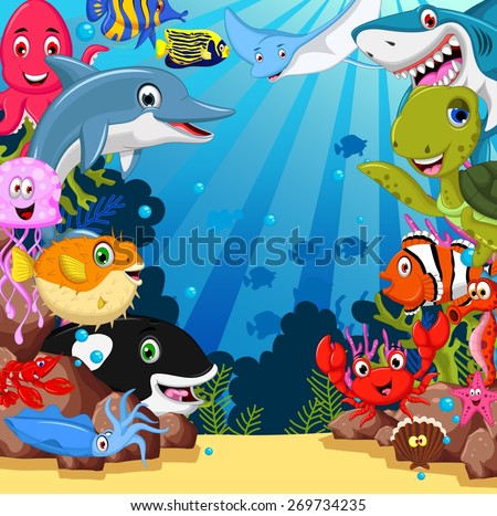 funny sea animals cartoon set