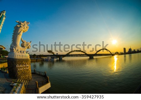DANANG, VIETNAM - JANUARY 4, 2016: Dragon River Bridge ( Rong Bridge) in sunset in Da Nang, Vietnam.