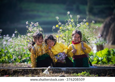HAGIANG, VIETNAM, FEBRUARY 12, 2016 : Unidentified ethnic minority kids in a field of rapeseed flower in Hagiang, Vietnam. Hagiang is a northernmost province in Vietnam
