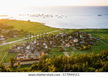 Beautiful landscape with garlic field, coconut and beach in Lyson island, Quang Ngai, Vietnam.