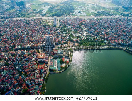 Aerial view of Hanoi cityscape near West Lake, Hanoi, Vietnam
