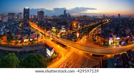 Hanoi, Vietnam - May 31, 2016: Aerial view of Hanoi skyline cityscape at sunset time