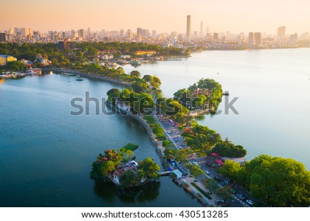 Hanoi, Vietnam - June 3, 2016: Aerial view of Hanoi skyline cityscape near Thanh Nien street at sunset time