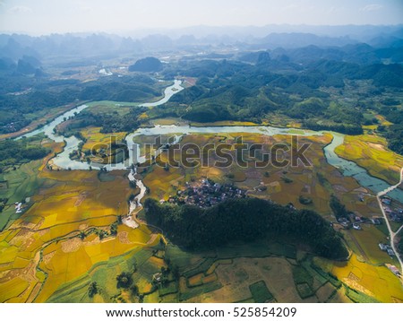 River and rice field from drone in Cao Bang province, Vietnam
