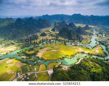 River and rice field from drone in Cao Bang province, Vietnam