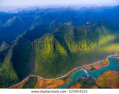 River and rice field from drone in Cao Bang province, Vietnam