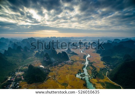 Beautiful landscape with rice field and mountain from drone in Cao Bang province, Vietnam