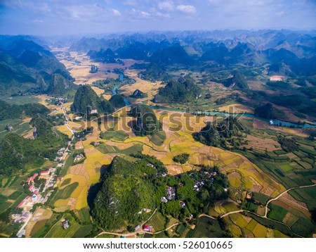Beautiful landscape with rice field and mountain from drone in Cao Bang province, Vietnam