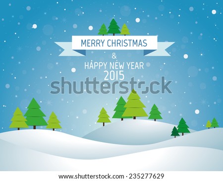 Christmas landscape background with snow and tree, wish card