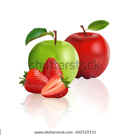 Green apple, red apple and strawberry isolated on white background, vector illustration.
