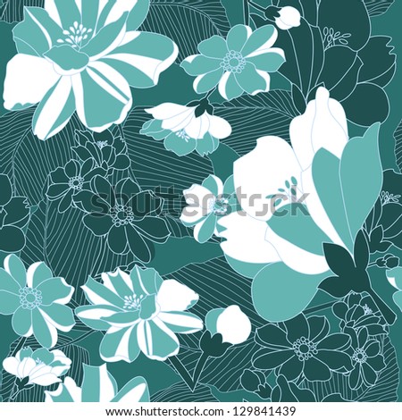 Elegant floral seamless pattern with bright blue flowers, vector illustration