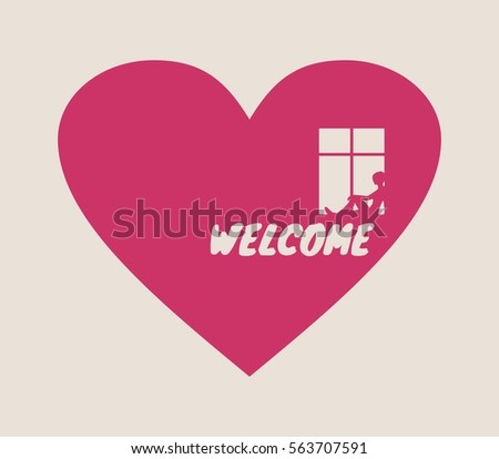 Happy valentines day and wedding design elements. Vector illustration. Window and waiting woman placed on pink heart silhouette . Background relative to valentines day. Celebration card pattern
