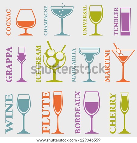 Set of Alcohol Drinks icons. Tumblers set for alcohol drinks, cocktails and ice cream. Vector illustration