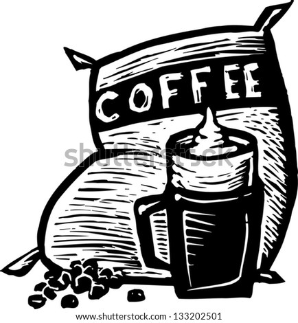 Black And White Vector Illustration Of Coffee With Bag Beans Black And White Vector Illustration Of Coffee With Bag Beans