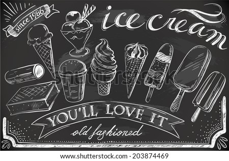 hand-drawn ice cream set on chalkboard