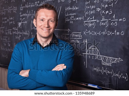 young caucasian teacher portrait with blackboard background