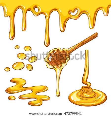 Set of honey drops and blots, cartoon style vector illustration isolated on white background. Honey dropping and flowing from the dipper, yummy decoration elements