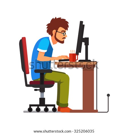 Middle age work addict geek sitting at the computer desk. Flat style vector illustration isolated on white background.