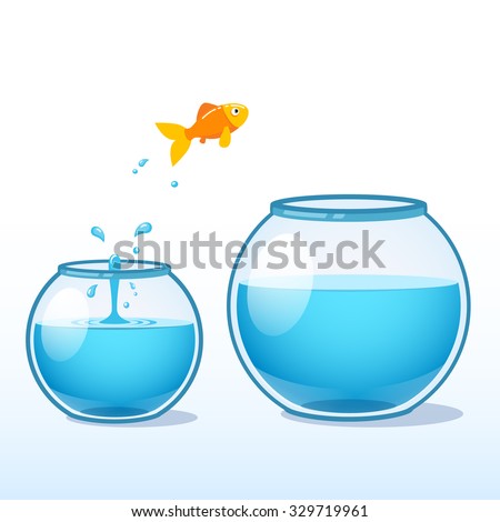 Goldfish making a leap of faith to a bigger fishbowl. Flat style vector illustration isolated on white background.