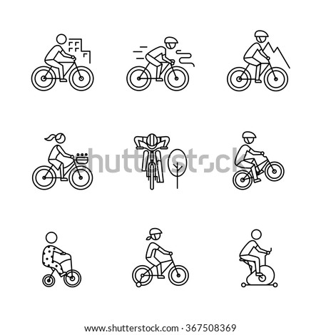 Bike types and cycling sign set. Man, woman, kids. Thin line art icons. Linear style illustrations isolated on white.