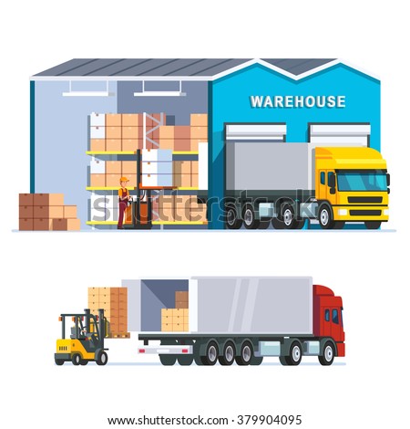 stock vector logistics warehouse with loading truck and working forklift modern flat style vector illustration 379904095