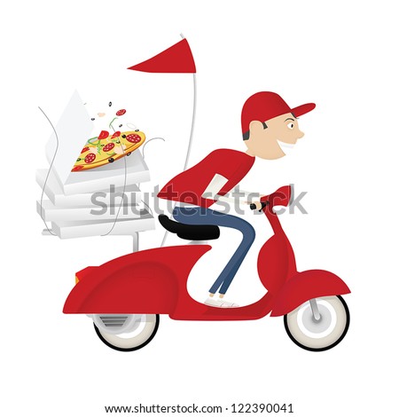 Funny Pizza Delivery Boy Riding Red Motor Bike Funny Pizza Delivery Boy Riding Red Motor Bike